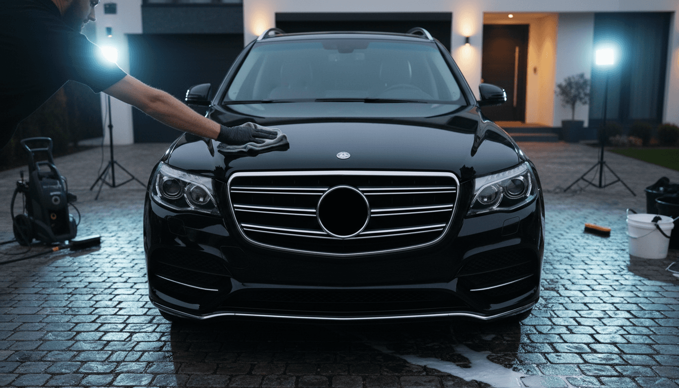 Professional detailer polishing luxury black SUV on residential driveway at dusk