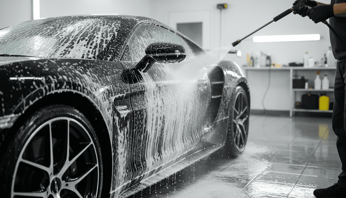Professional detailing of luxury vehicle exterior with foam and water spray