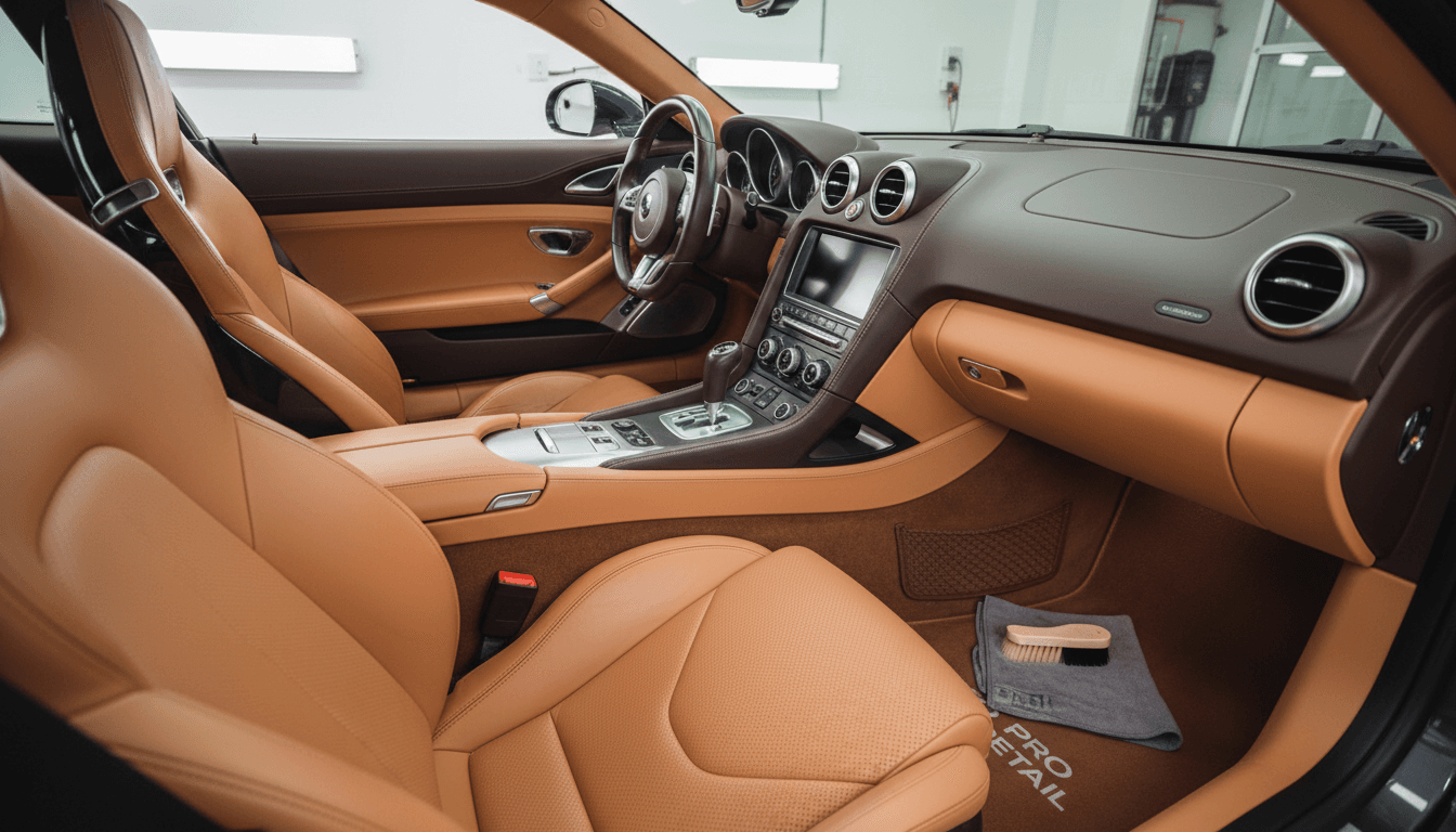 Premium interior detailing showing clean leather seats and dashboard