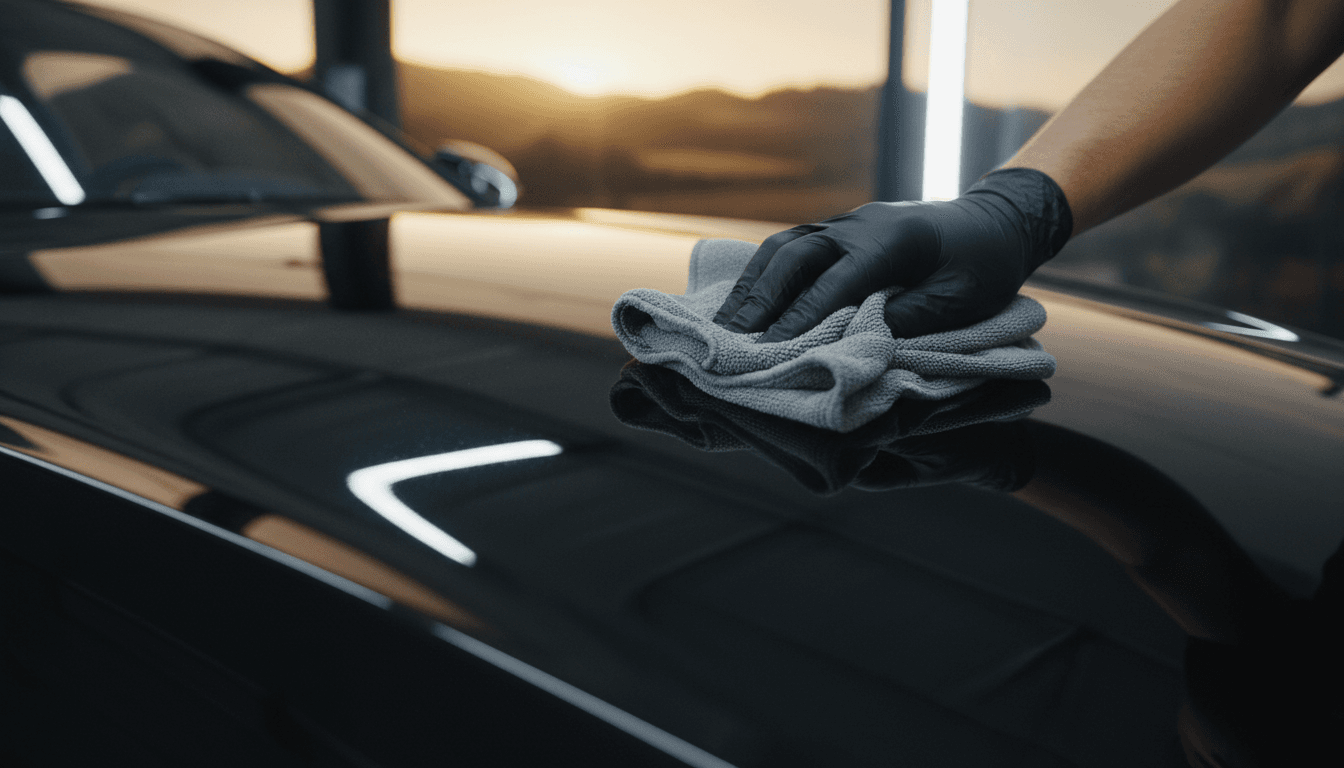 Close-up of hands detailing a glossy black vehicle surface with microfiber cloth
