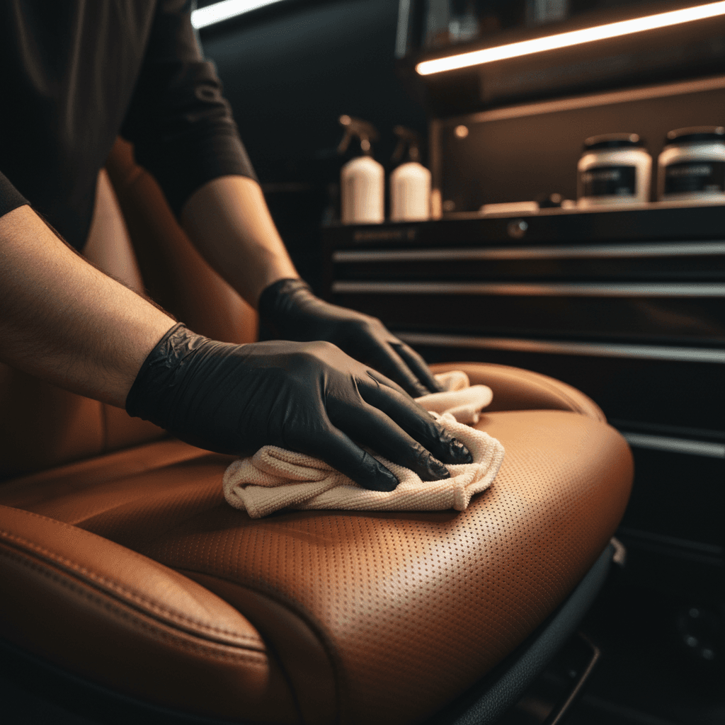 Interior leather cleaning and conditioning on luxury vehicle