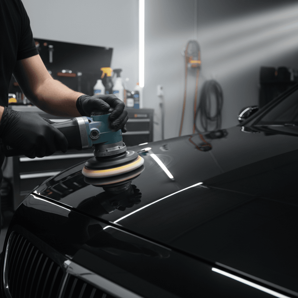 Detailer buffing luxury black SUV with precision technique and microfiber cloth