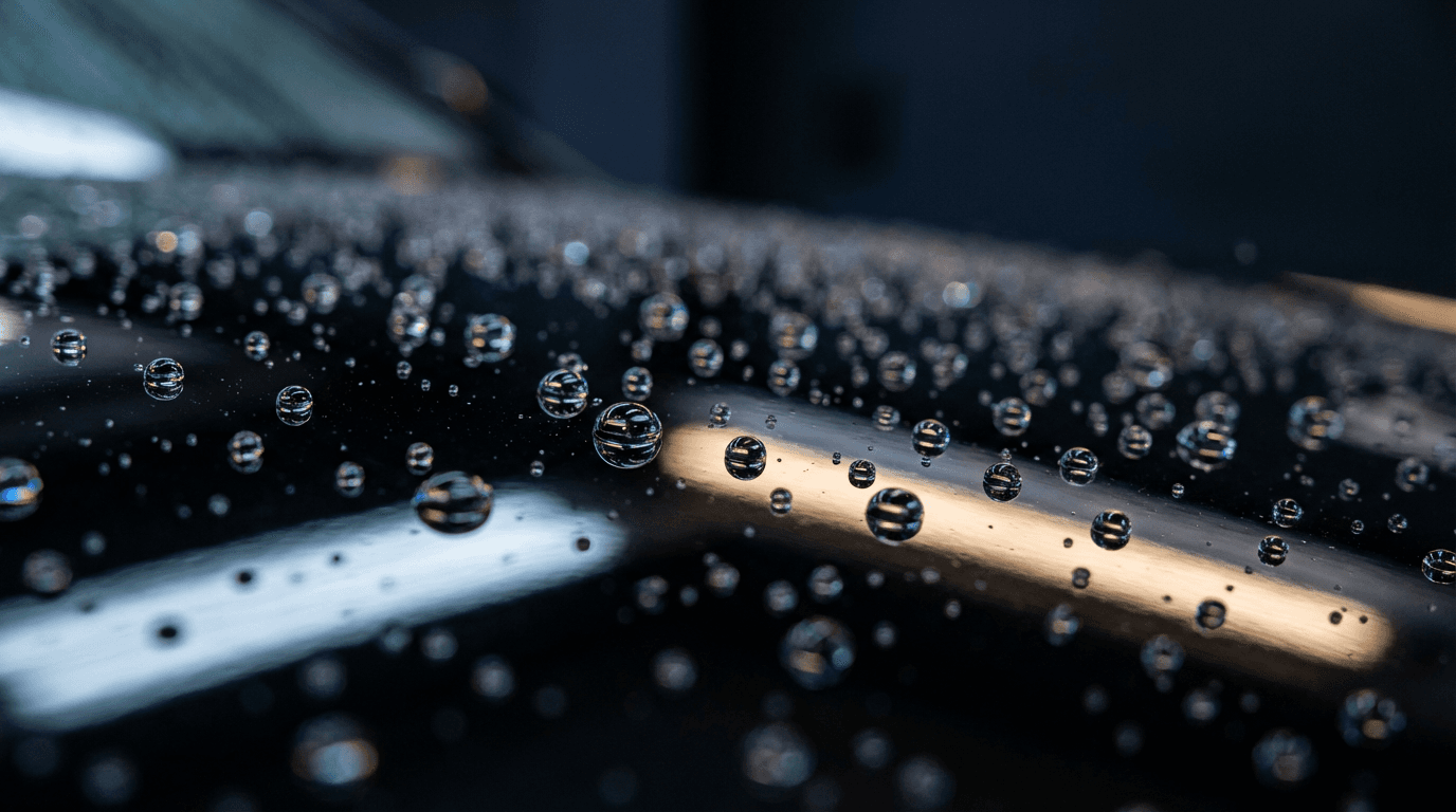 Close-up of glossy black paint finish with water droplets showing detailing results
