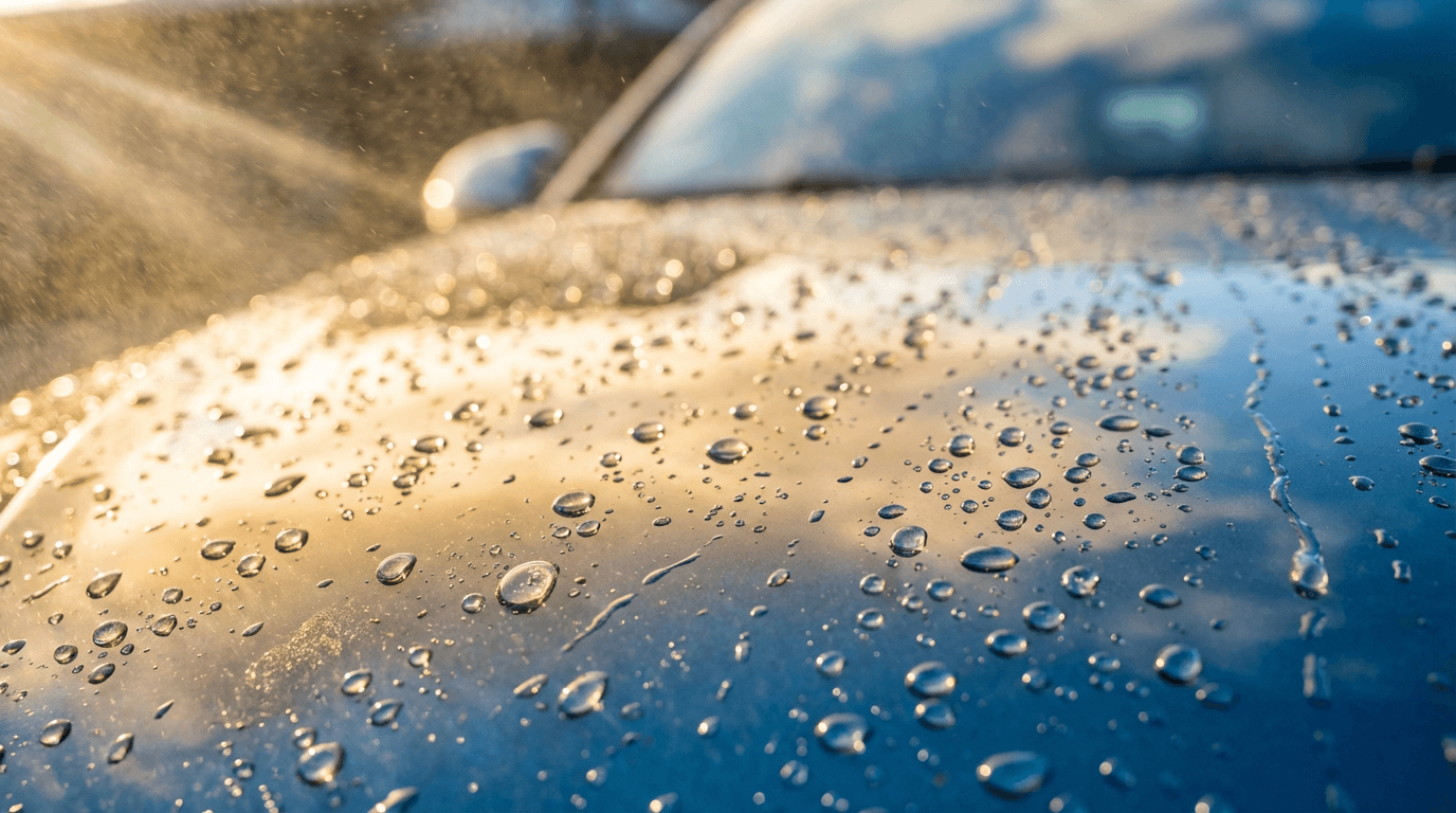 Polished car hood with water droplets reflecting golden sunlight and volumetric light rays in macro detail.