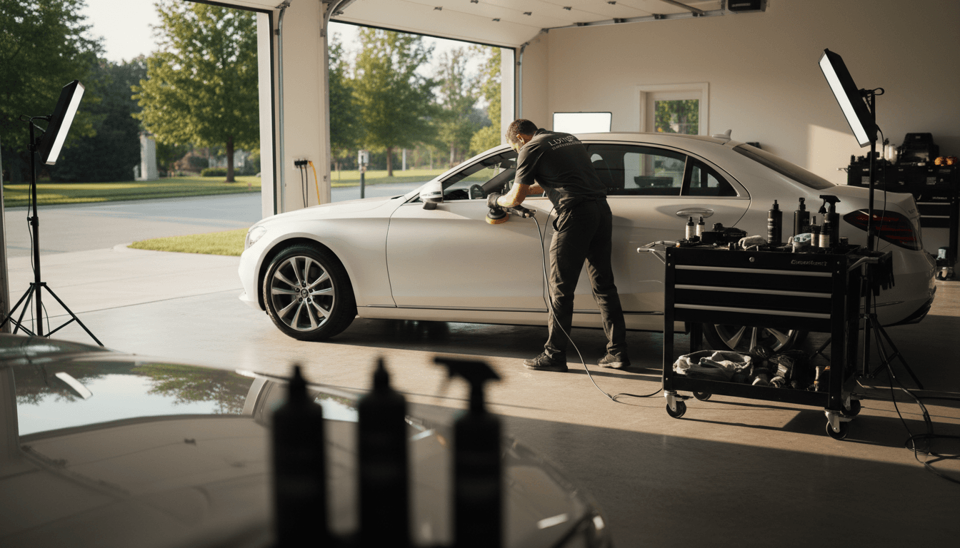 Glossy black luxury vehicle being professionally detailed with premium foam wash on a residential driveway