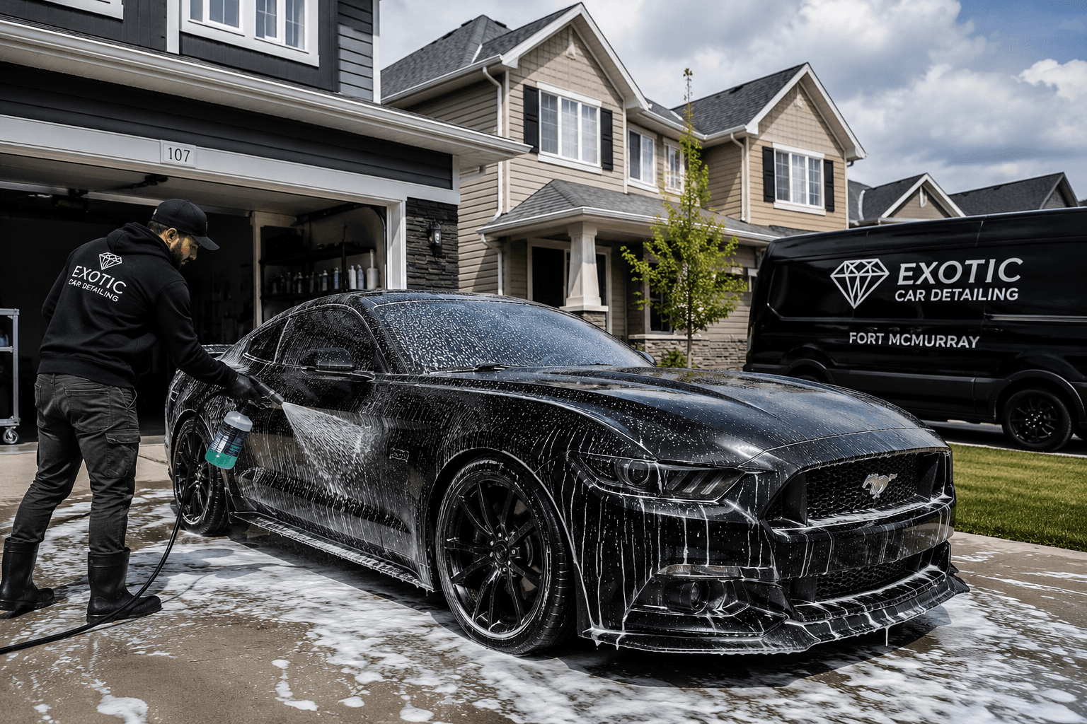 Professional detailer spraying soap foam onto a black Ford Mustang in a suburban driveway.