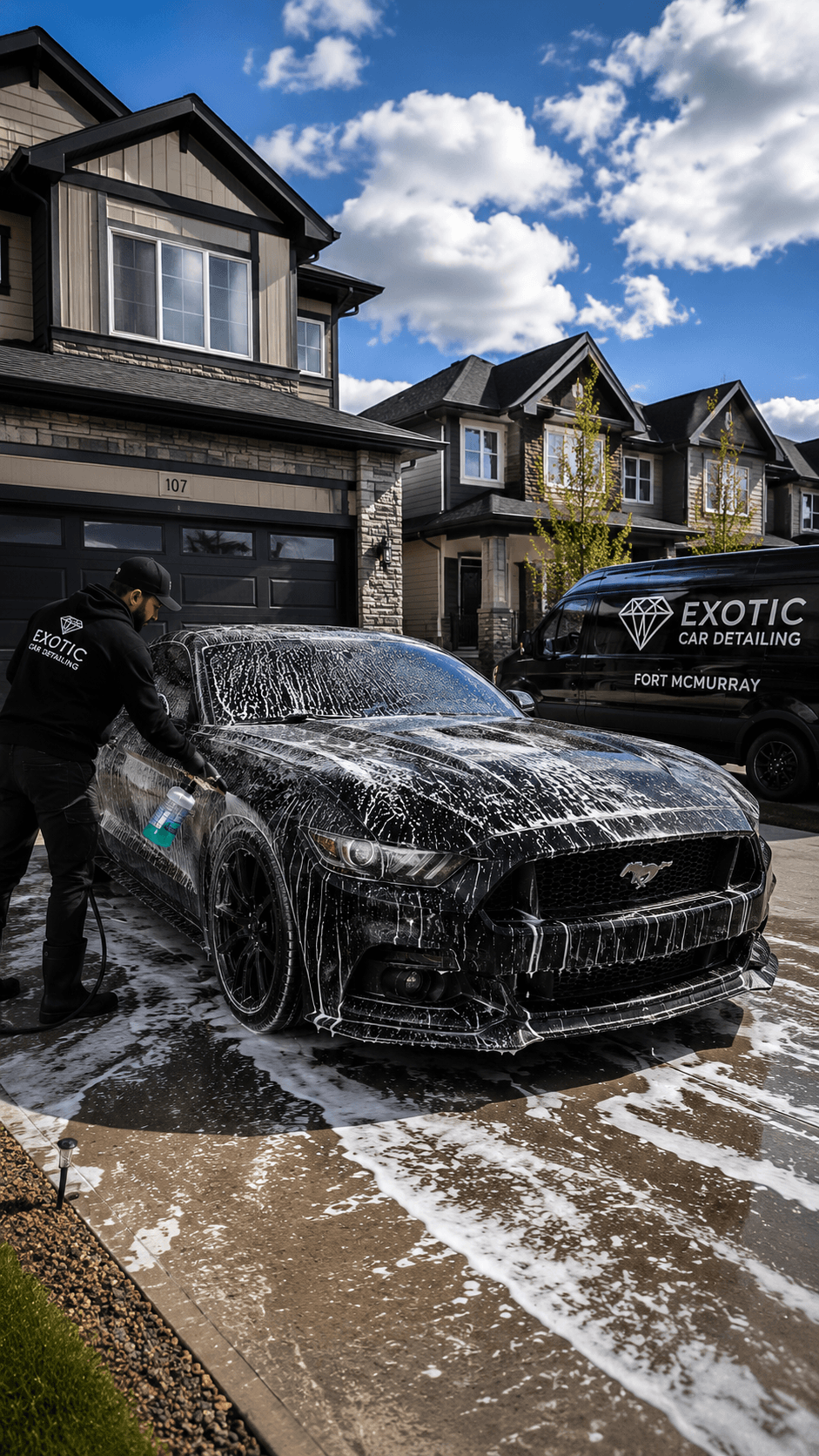A man washing a black Ford Mustang covered in soap foam in a suburban driveway.