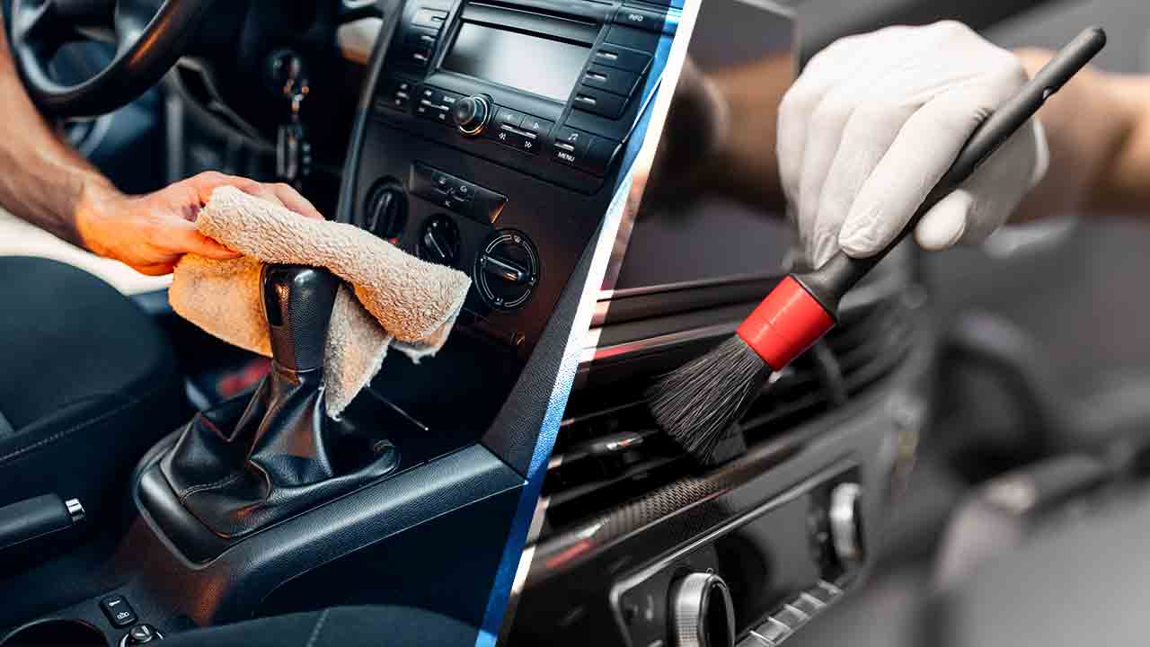 Hands detailing a car interior using a microfiber cloth and a small detailing brush.